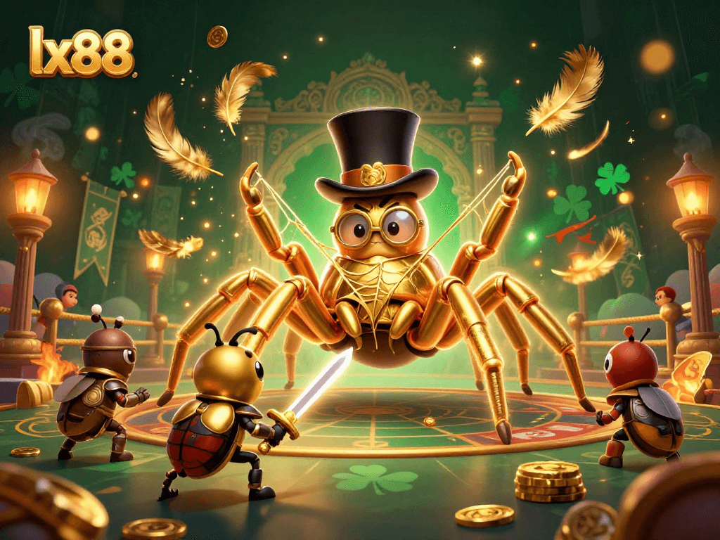 Experience the vibrant lx88 gaming scene with a golden tarantula and beetle knight amid swirling casino excitement.