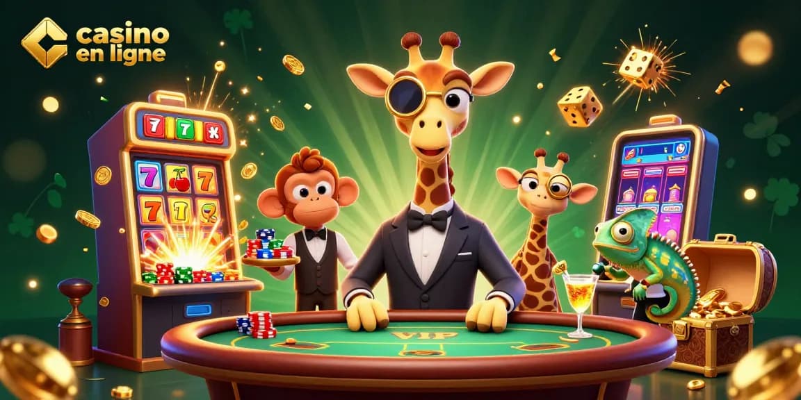 Jouez au casino en ligne avec une girafe chic et des cocktails dorés tout en profitant de machines à sous excitantes.