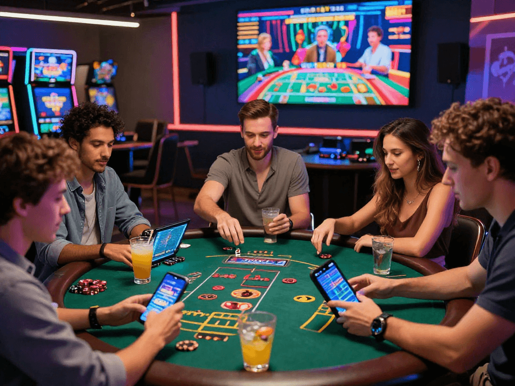 Groupe d'amis jouant ensemble sur un casino en ligne, ambiance festive et jeux variés.