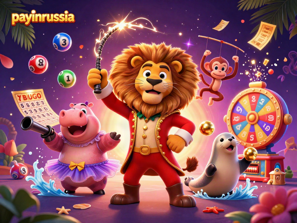 Payinrussia facilite le paiement avec un lion, un hippopotame et un singe dans un univers coloré de jeux d'argent.