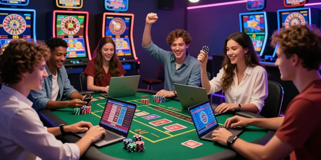 Scène de jeu en ligne au casino avec amis, jouant à casino en ligne sans dépôt dans une ambiance festive.