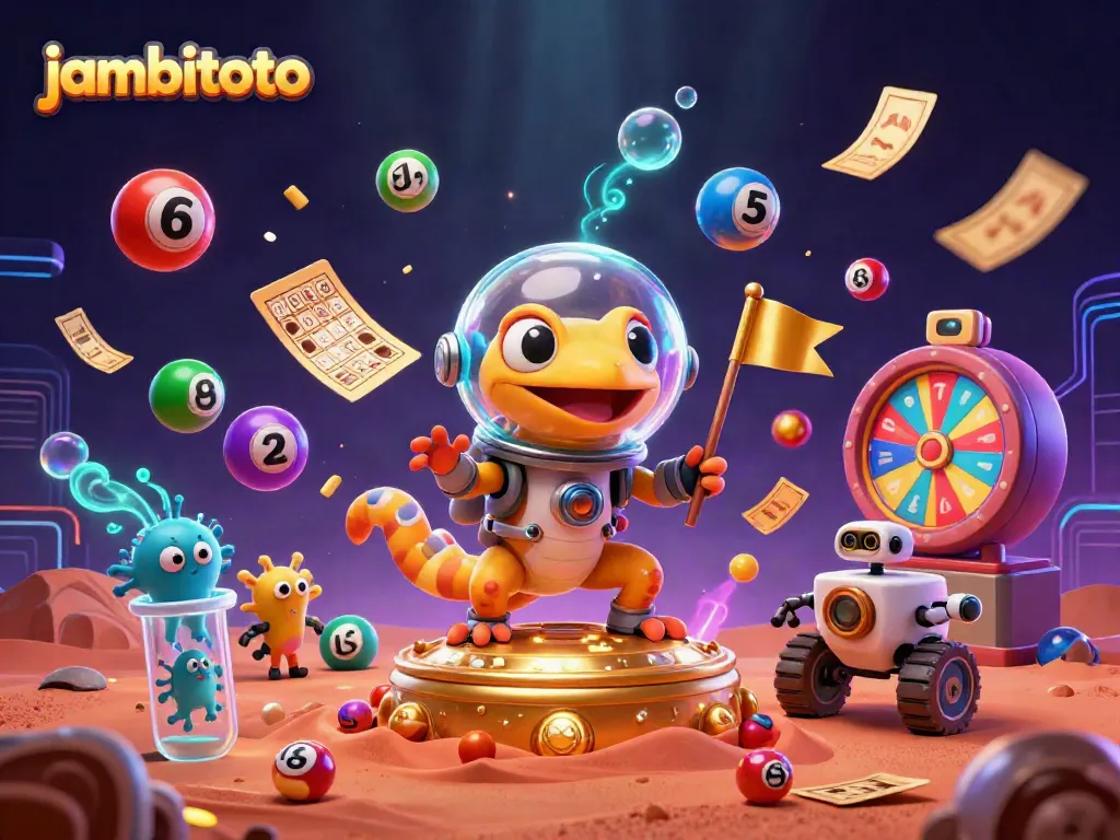 Experience thrilling games at jambitoto with vibrant scenes of colorful lottery balls and a Martian gecko discovering a casino.