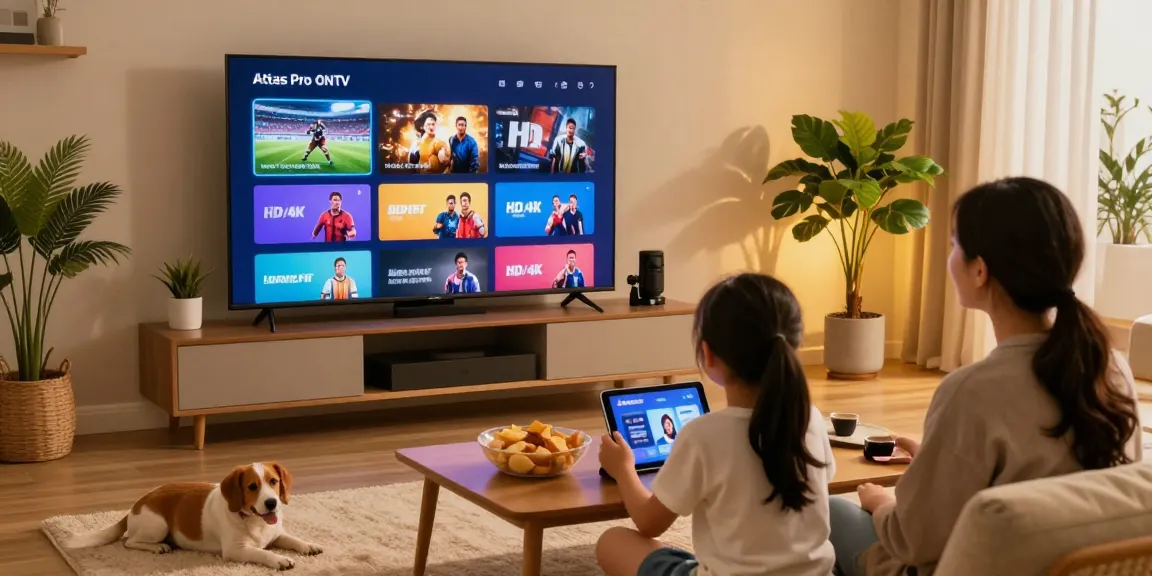 Famille profitant d'Atlas pro ontv avec TV moderne, snacks et ambiance chaleureuse.
