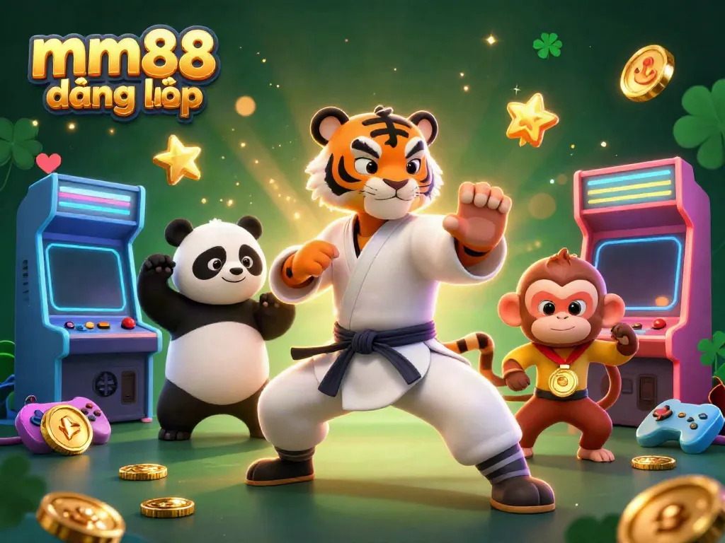 Experience mm88 đăng nhập with dynamic casino 3D characters in action, amidst arcade gaming elements.