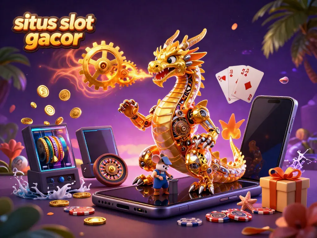 Experience the excitement of situs slot gacor with a dynamic 3D scene featuring a golden dragon and slot games.