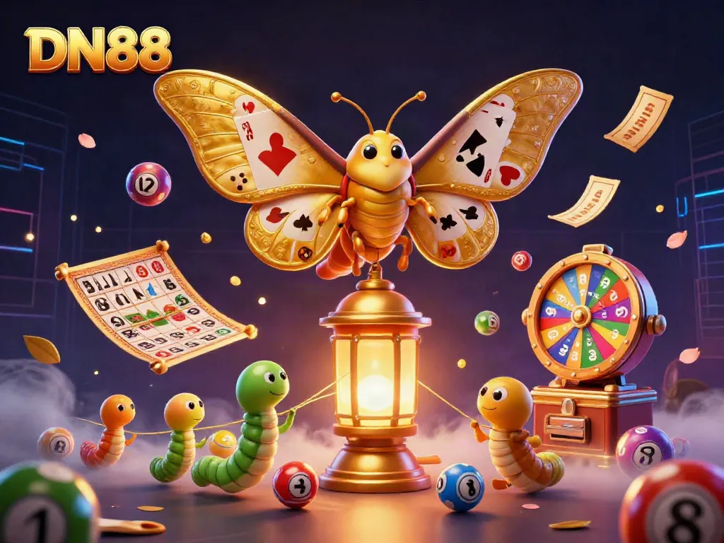 Experience gaming excitement with DN88, a vibrant scene of a dazzling moth and fortune elements.