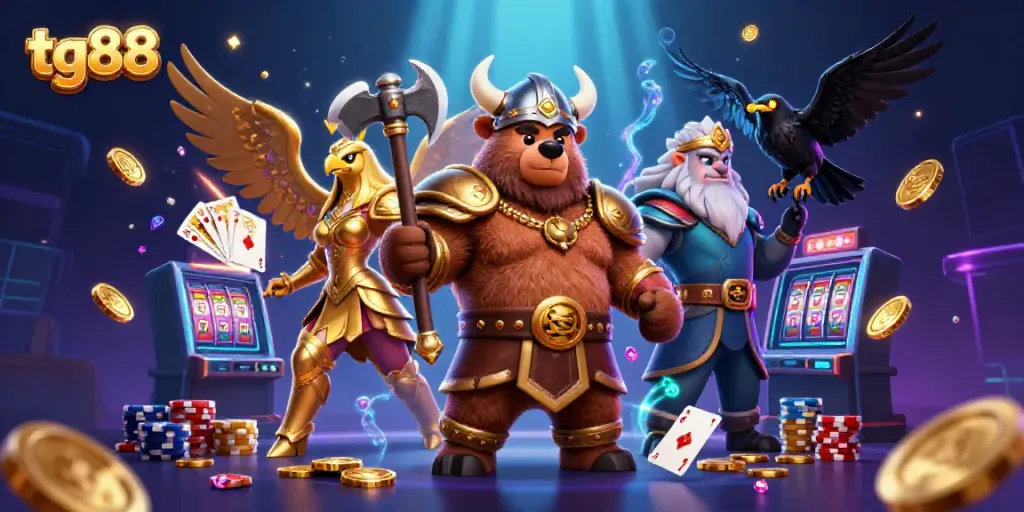 Engage in thrilling gaming adventures with tg88, featuring a Viking bear and Valkyrie eagle among flying coins and cards.