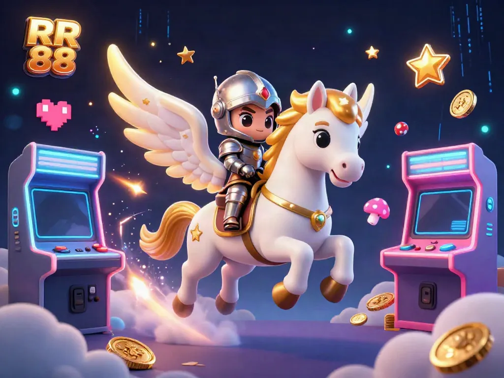 Experience the excitement of RR 88 with a celestial horse and knight amid vibrant casino games.