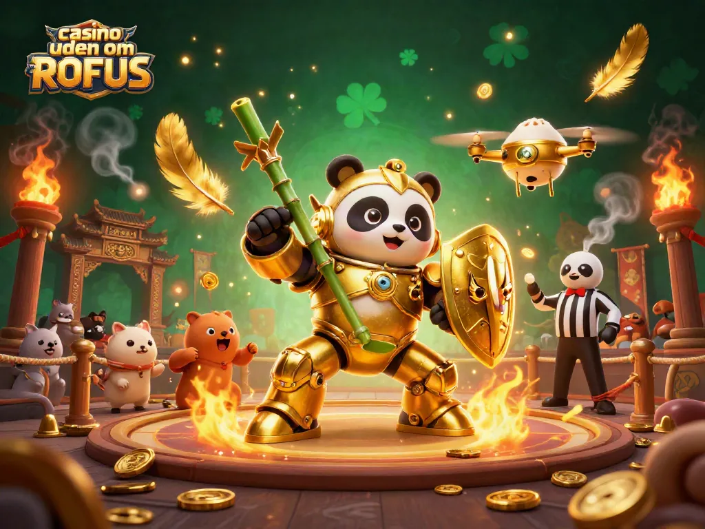 Engage in thrilling games at a casino uden om ROFUS with a unique mech-suit panda showdown illustration.