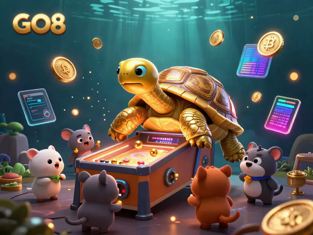 Engage in excitement at the GO8 casino with vibrant gaming elements and a lively tortoise character.