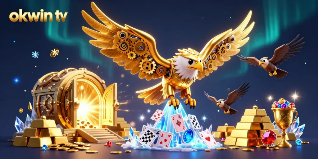 Engage in winning action with okwin tv; a golden eagle amidst a vibrant casino scene.
