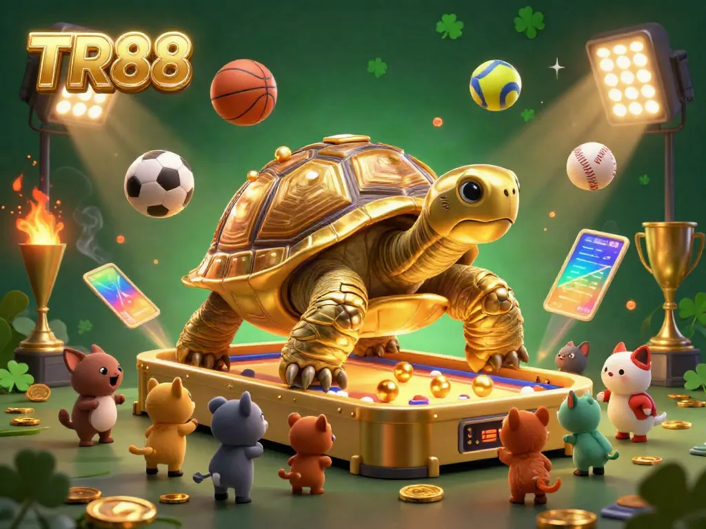 Score big with TR88 in this vibrant 3D casino scene featuring golden tortoise and lively sports elements.