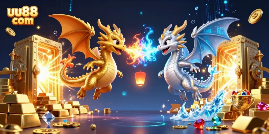 Win big with uu88 com in a vibrant 3D casino scene featuring dynamic dragons and treasure.