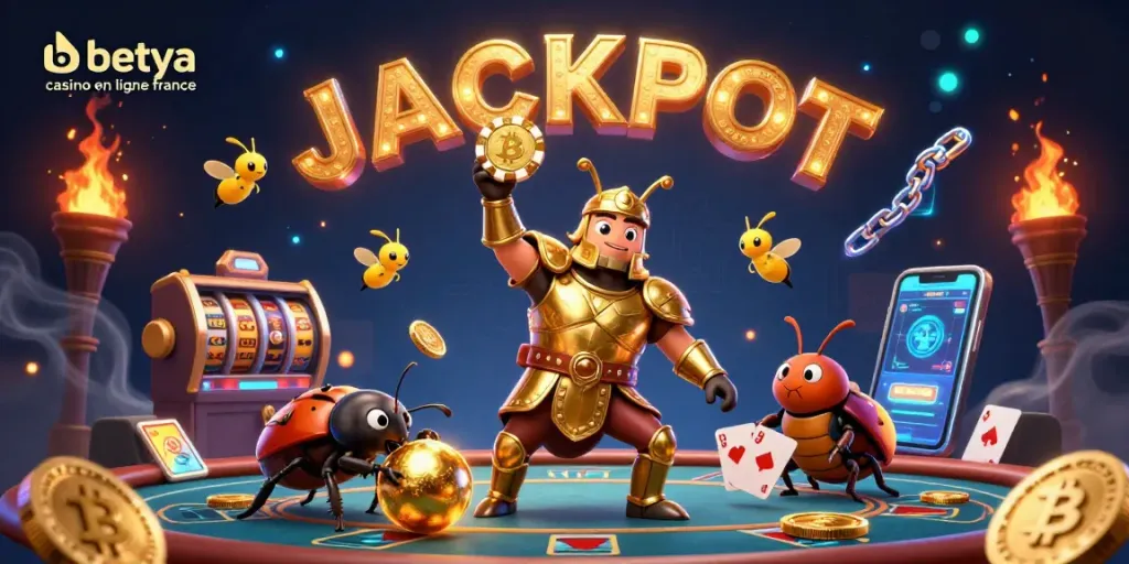Experience the excitement at betya casino en ligne france with a triumphant beetle themed casino illustration.
