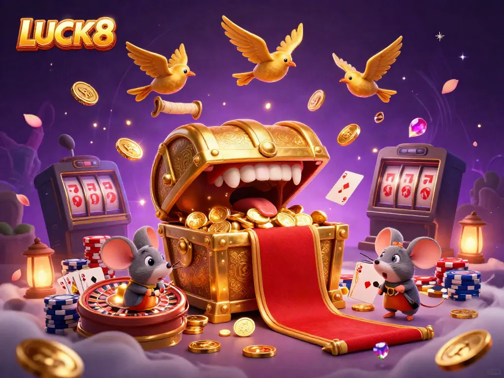 Engage with LUCK8’s exciting casino scene featuring treasure chests, glowing gems, and dynamic gameplay elements.