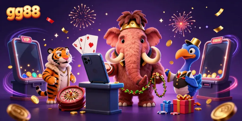 Engage in thrilling gaming at gg88, featuring vibrant casino elements and fantastical bouncer characters.