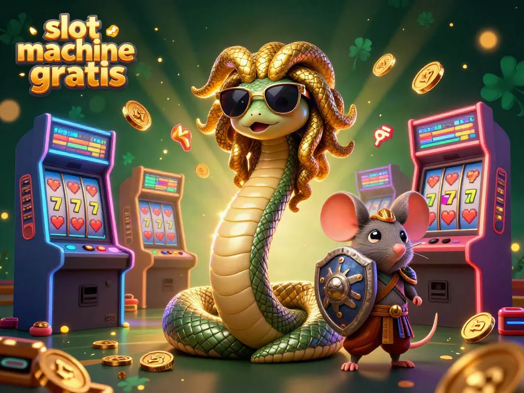 Experience slot machine demo gratis with this vibrant illustrated scene of Medusa and a warrior mouse in a lively arcade.