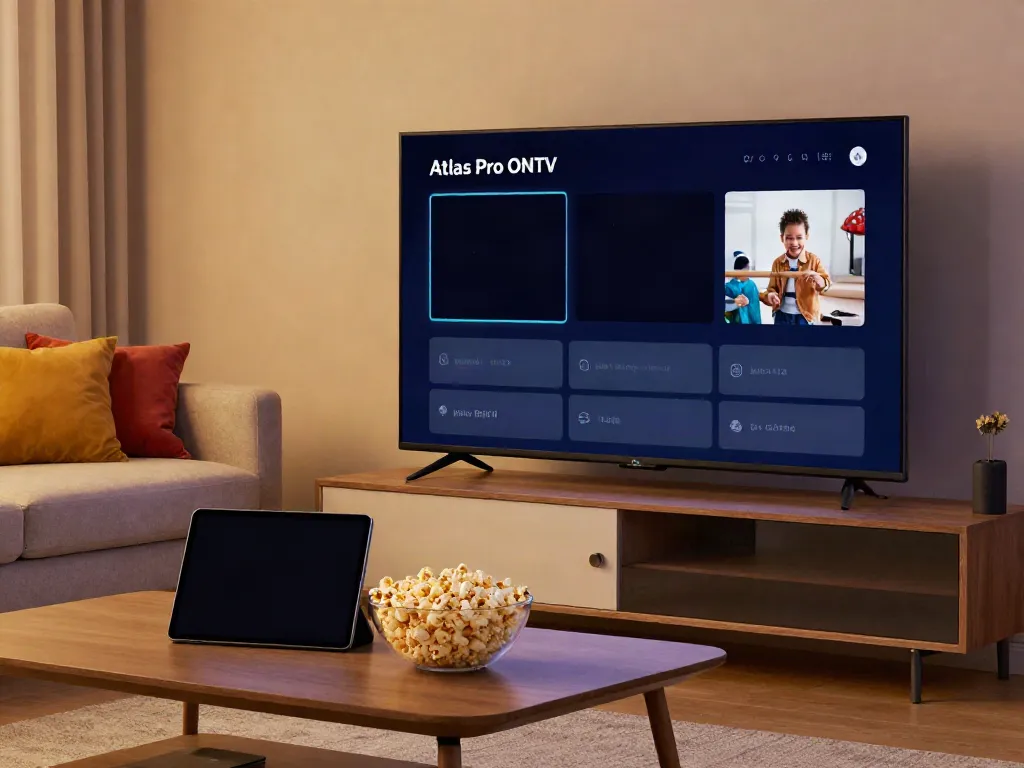 Configuration moderne de divertissement à domicile avec Atlas Pro ONTV sur l'écran.
