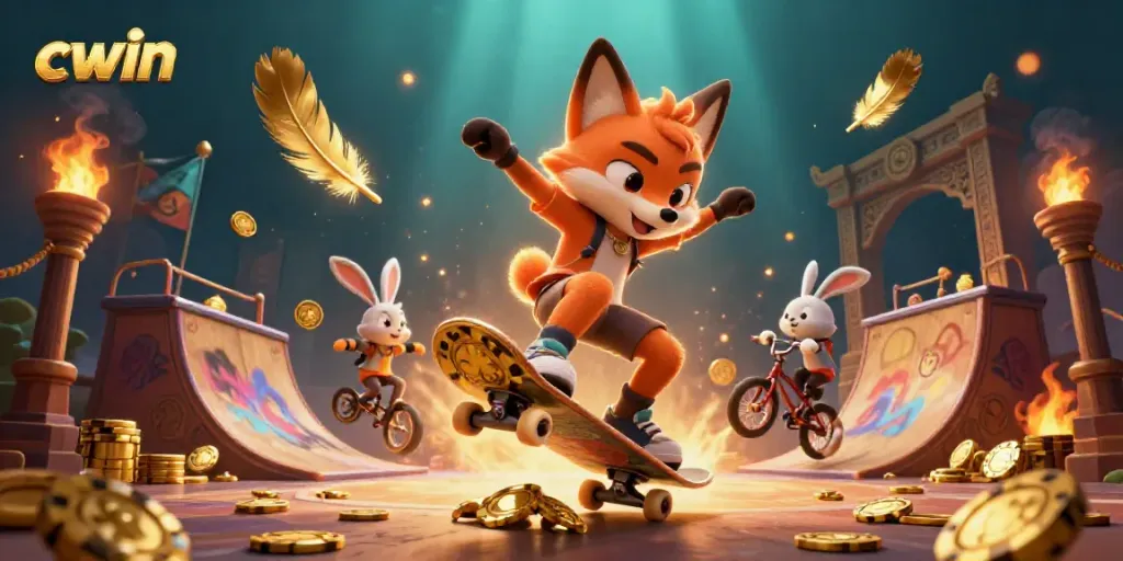 Experience thrilling games with Cwin as a skateboarder fox flips over poker chips.