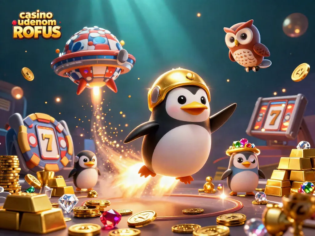 Spin and win at casino uden om ROFUS with vibrant 3D illustration of a penguin rocket and casino elements.