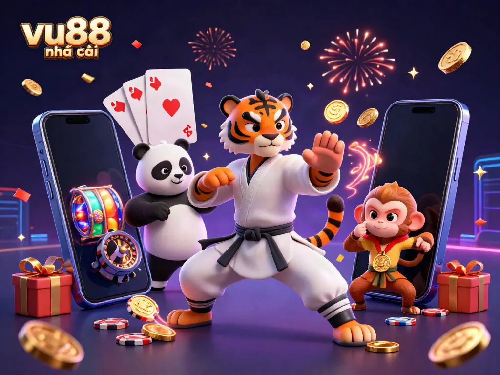 Engage in vibrant gameplay at vu88 nhà cái with thrilling 3D visuals showcasing characters celebrating amid exciting gaming elements.