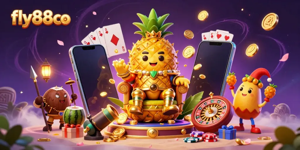 Experience the excitement of fly88co with a golden pineapple king and casino games in a vibrant scene.