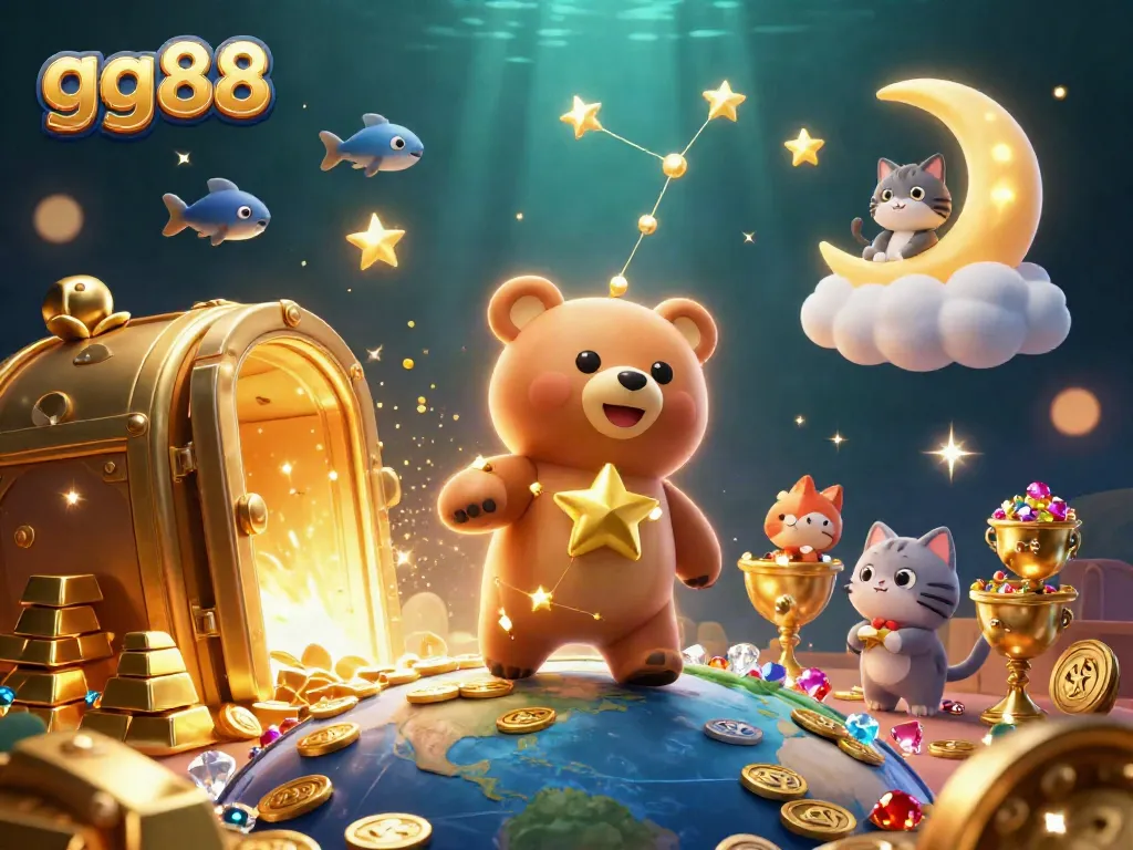 Experience the magic of gg88 with a 3D bear and treasures in a casino-themed illustration.