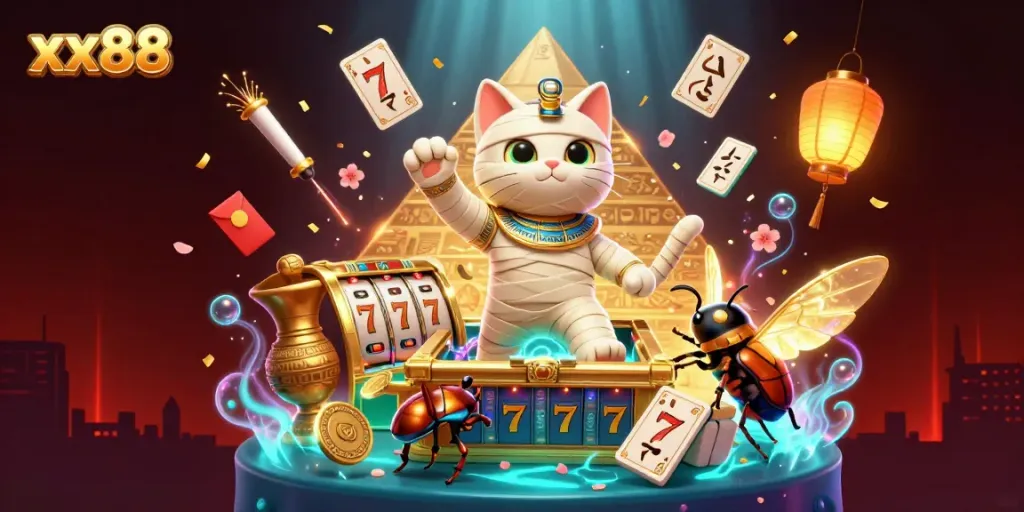Play exciting slot games at xx88 with a lively Egyptian-themed casino scene featuring vibrant characters.