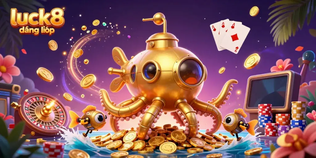 Experience thrill at Luck8 đăng nhập with a vibrant underwater casino illustration, highlighting games and excitement.