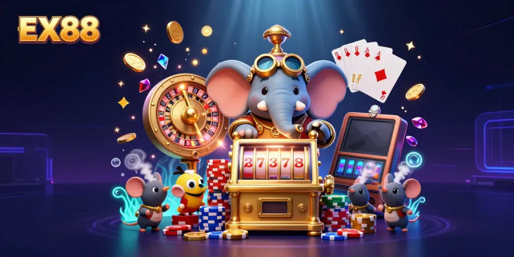 Engage with EX88's thrilling 3D casino world featuring animated steampunk characters and vibrant game elements.