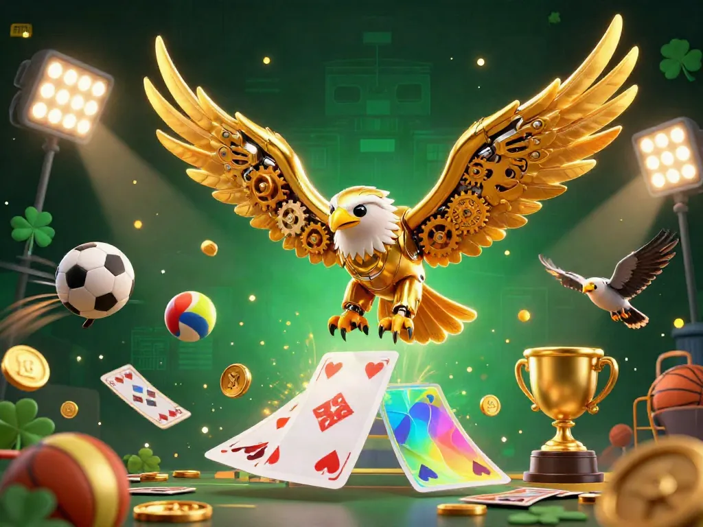 Experience the thrill with FM 88, where a cybernetic golden eagle dives among holographic cards and sports balls, merging excitement.