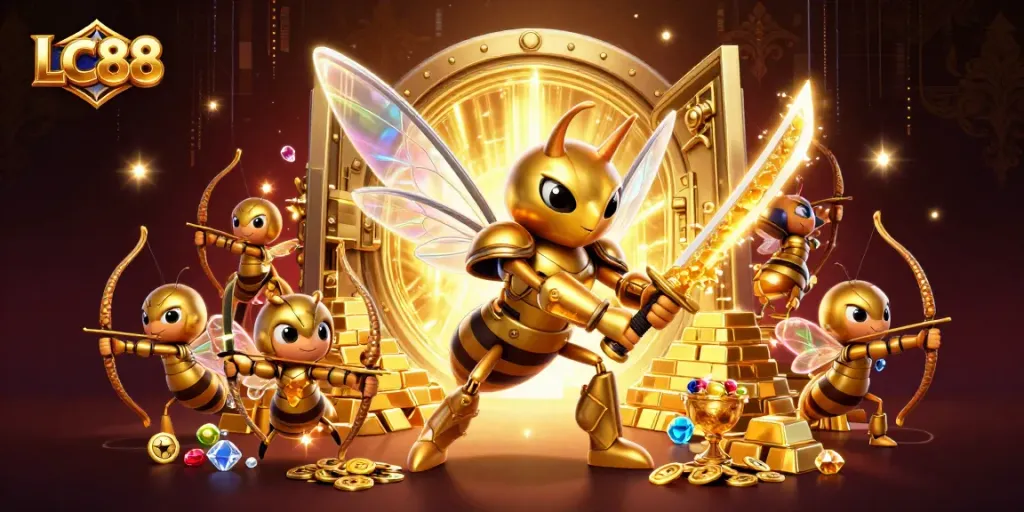 Engage with vibrant LC88 casino action featuring a golden hornet in samurai armor.