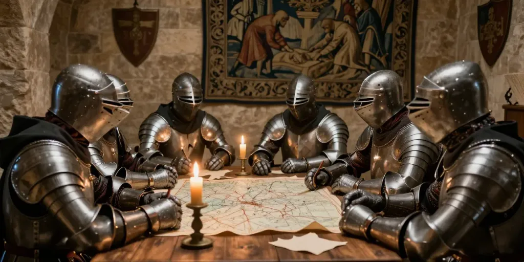 Scène historique illustrant l'histoire de l'ordre militaire et hospitalier de Saint-Lazare de Jérusalem avec des chevaliers à une table en bois.