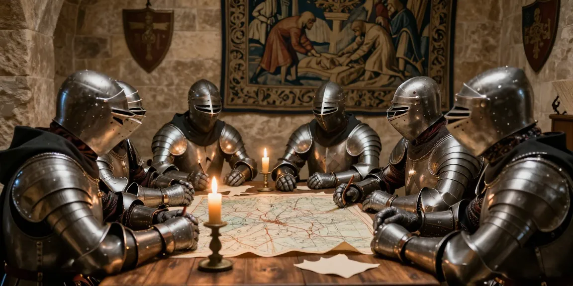 Scène historique illustrant l'histoire de l'ordre militaire et hospitalier de Saint-Lazare de Jérusalem avec des chevaliers à une table en bois.