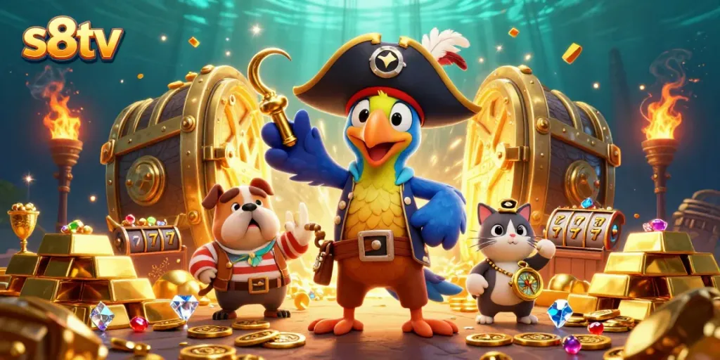 Engage with s8tv's exciting gaming scene featuring characters, gold treasures, and slot elements.