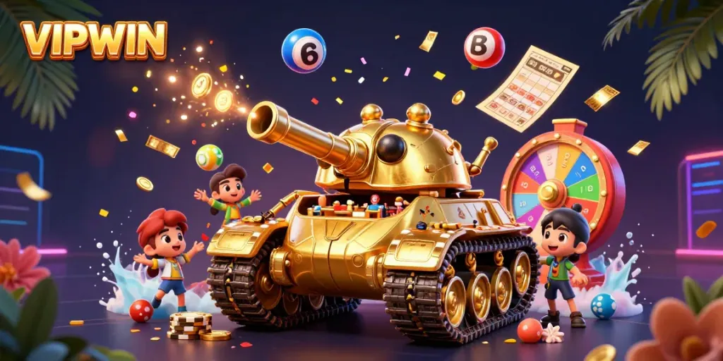 Experience gaming excitement at VIPWIN with vibrant visuals, golden elements, and thrilling lottery action.