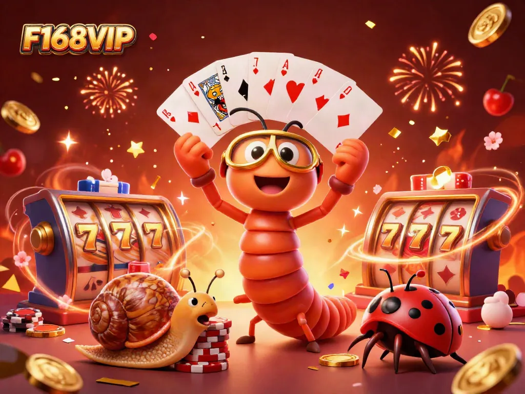 Experience the excitement of F168VIP with a vibrant 3D scene showcasing a cartoon millipede dealer, slot reels, and festive decor.