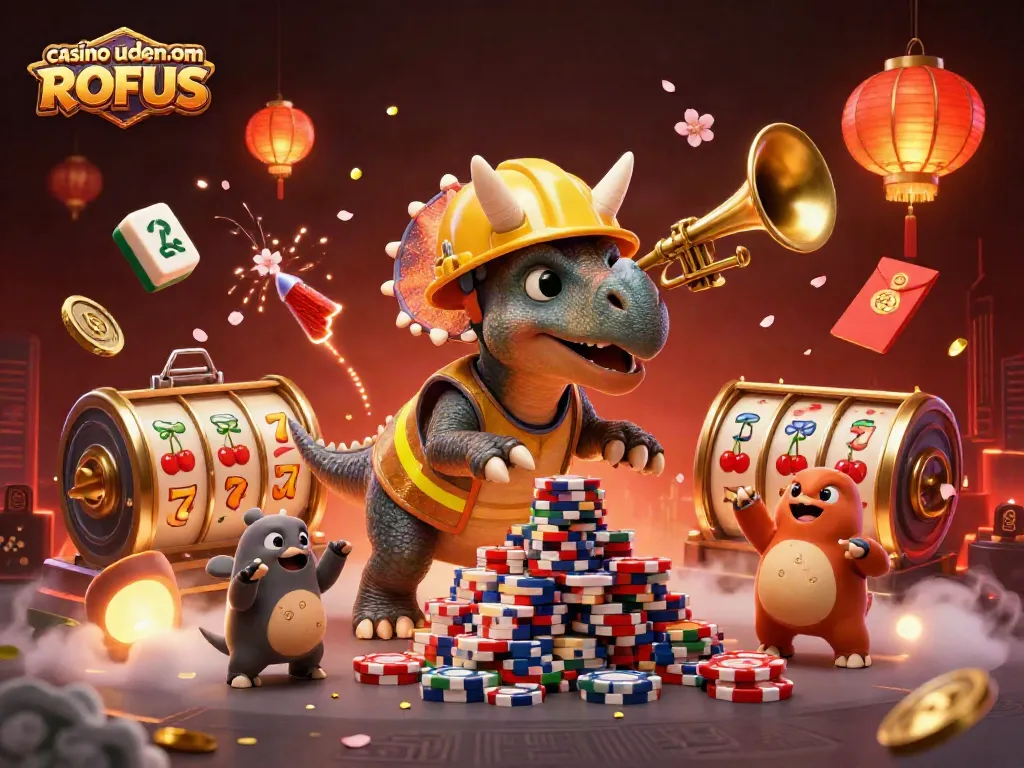 Engage in thrilling games at casino uden om ROFUS with vibrant casino elements featuring joyful cartoon characters.