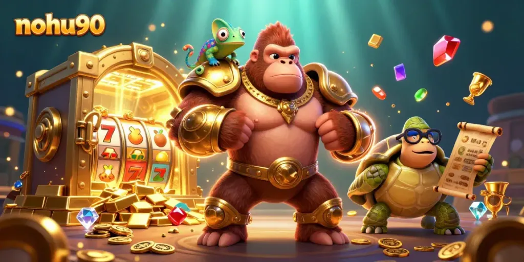 Engage with nohu90's vibrant 3D scene featuring a gorilla king and animated gaming elements.