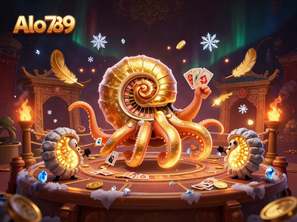 Alo789 showcases a vibrant 3D casino scene with a giant nautilus as a roulette wheel alongside glowing ammonite companions.