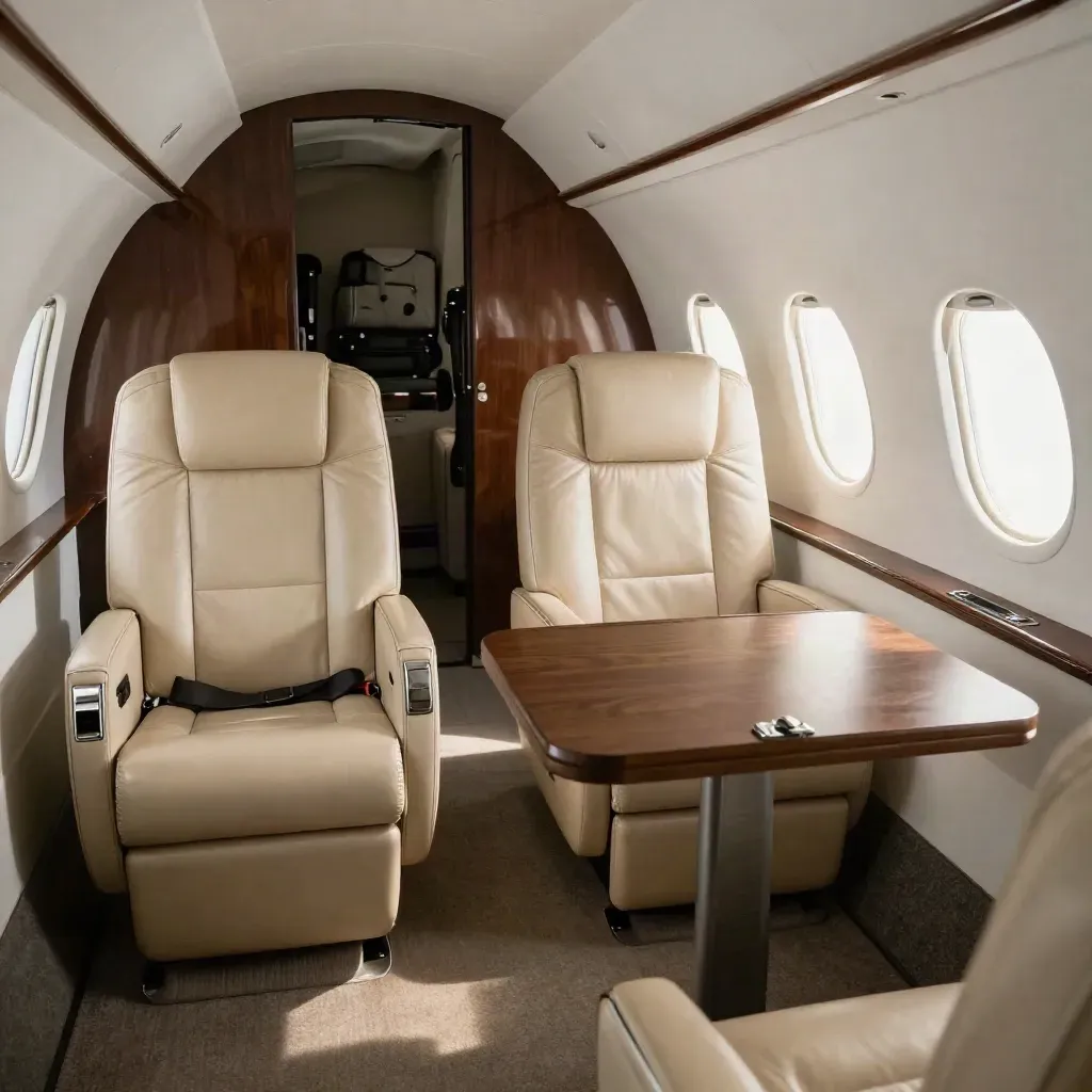 Cabine de jet privé avec sièges cuir, table rabattue et bagages visibles en soute.