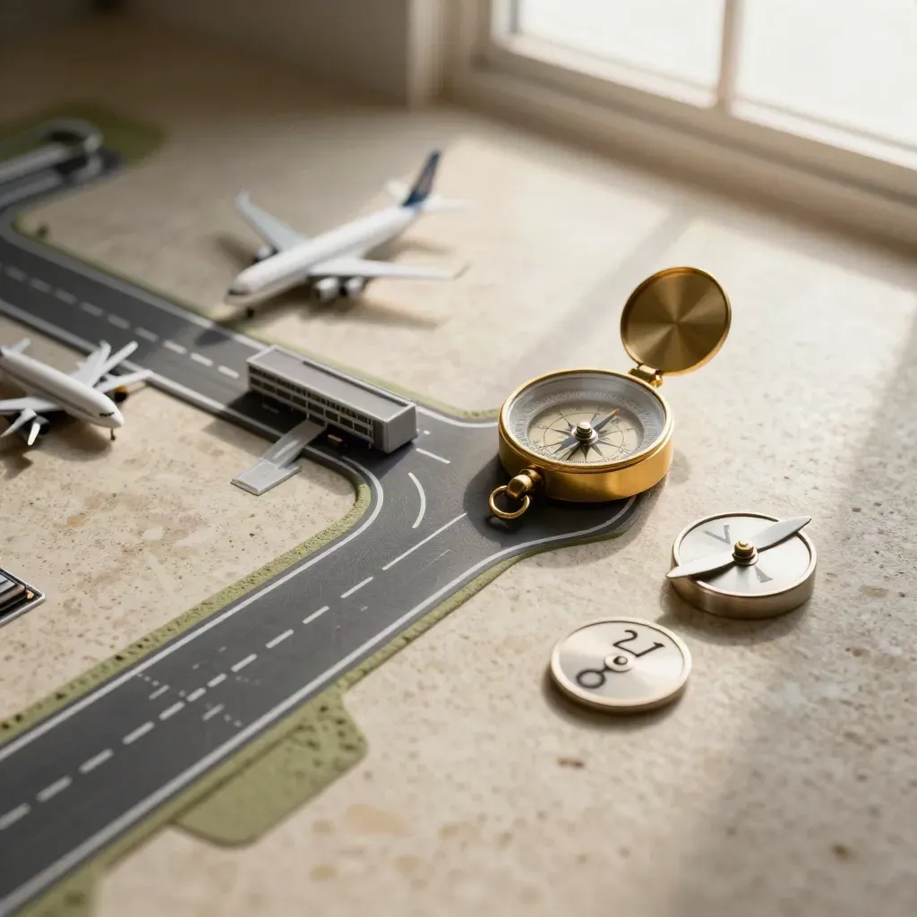 Maquette d’aéroport, boussole en laiton, jetons de destination et hélice sur travertin clair.