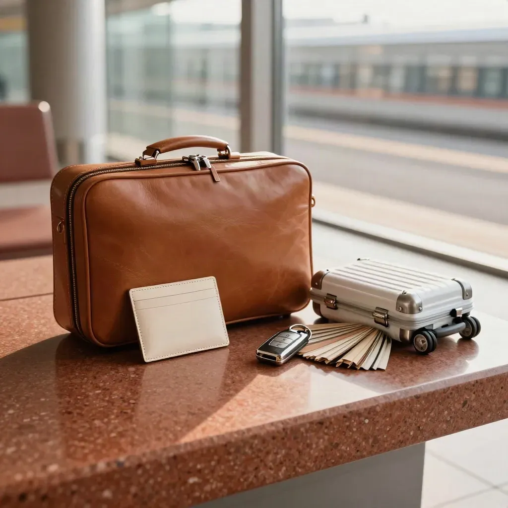 Étui en cuir, clé et valise cabine sur banc en travertin dans un terminal privé.