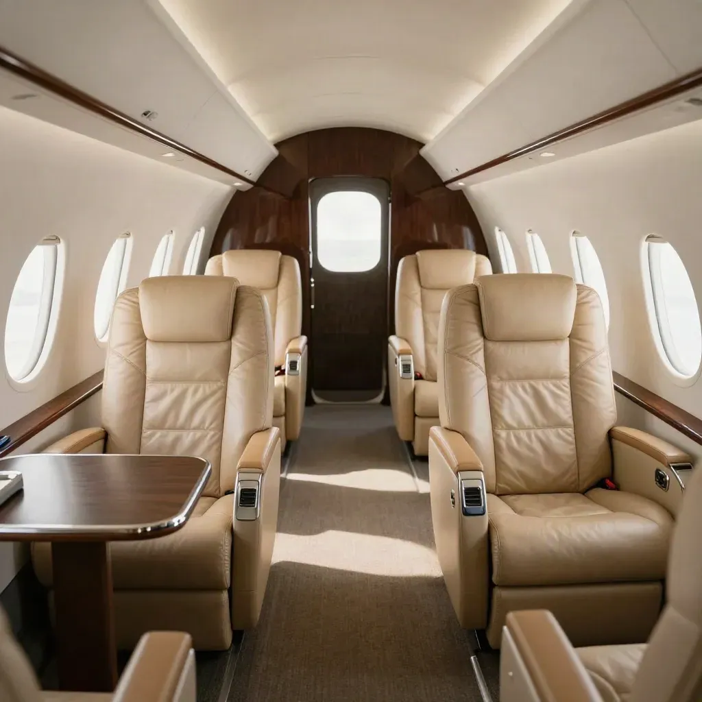 Cabine de jet privé ordonnée, six sièges cuir et lumière du matin sur les hublots.