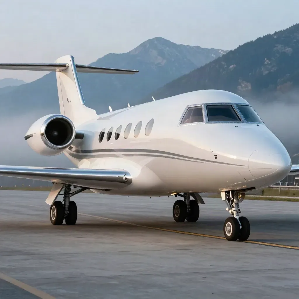 Jet privé au crépuscule devant les Alpes, couloir d’accès vide et brume légère.