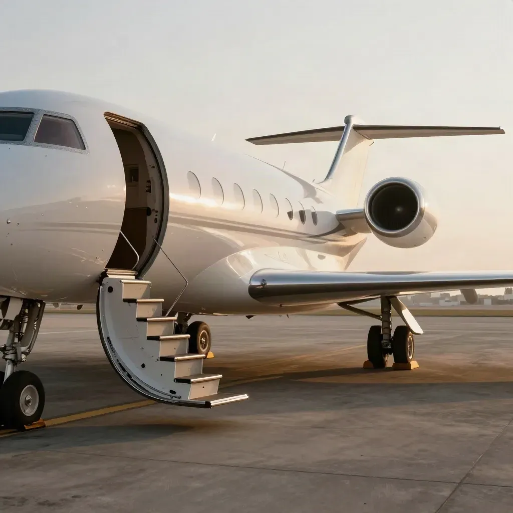 Jet privé long-courrier sur tarmac méditerranéen, porte fermée, prêt pour un vol d’affaires.