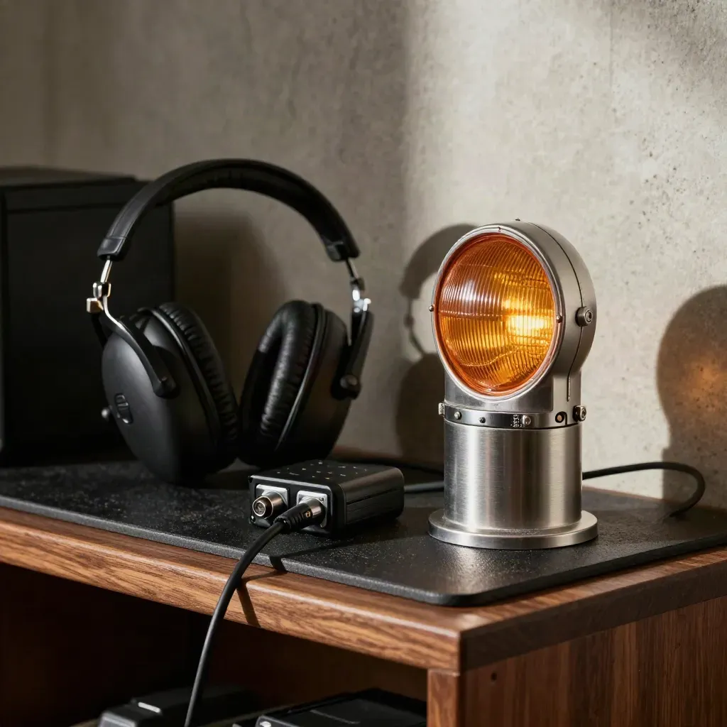 Lampe de balisage, casque radio, boîtier d’énergie et marqueur métal sur étagère sombre.