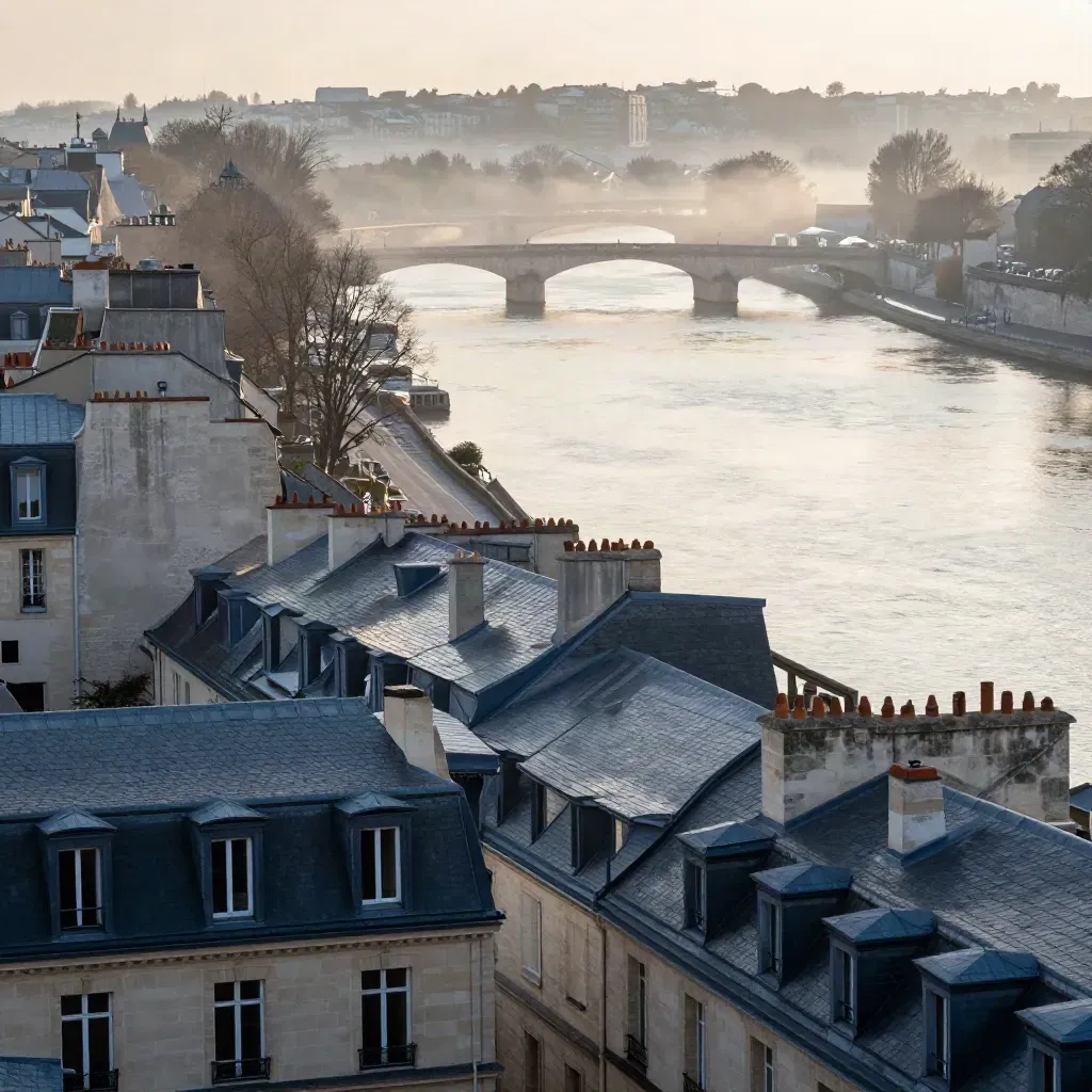 La Seine au lever du jour, toits de Paris dans la brume, espace calme pour le texte.