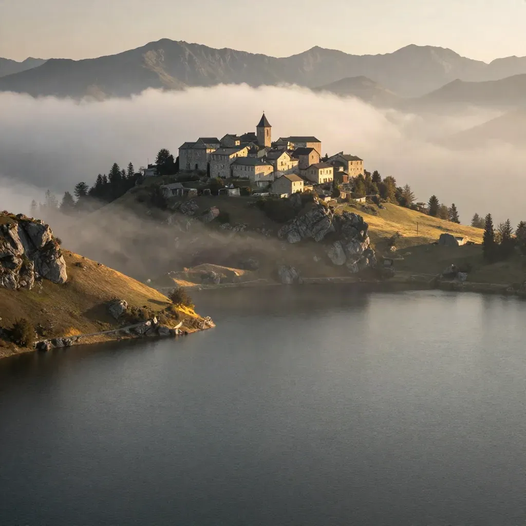Massif alpin et lac calme sous les nuages du matin, villages perchés au loin.