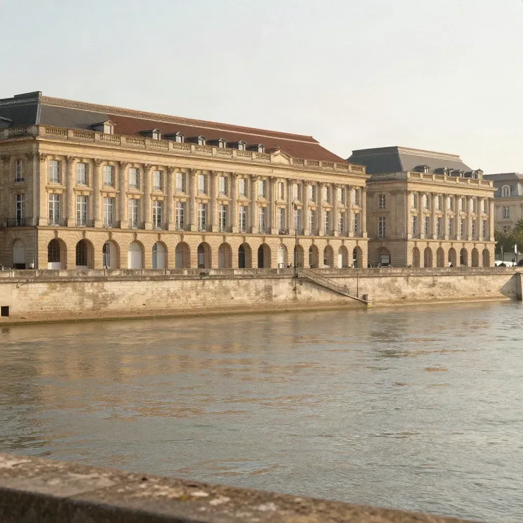 Les quais de Bordeaux au soleil doux, façades blondes, toits de tuiles et Garonne calme.